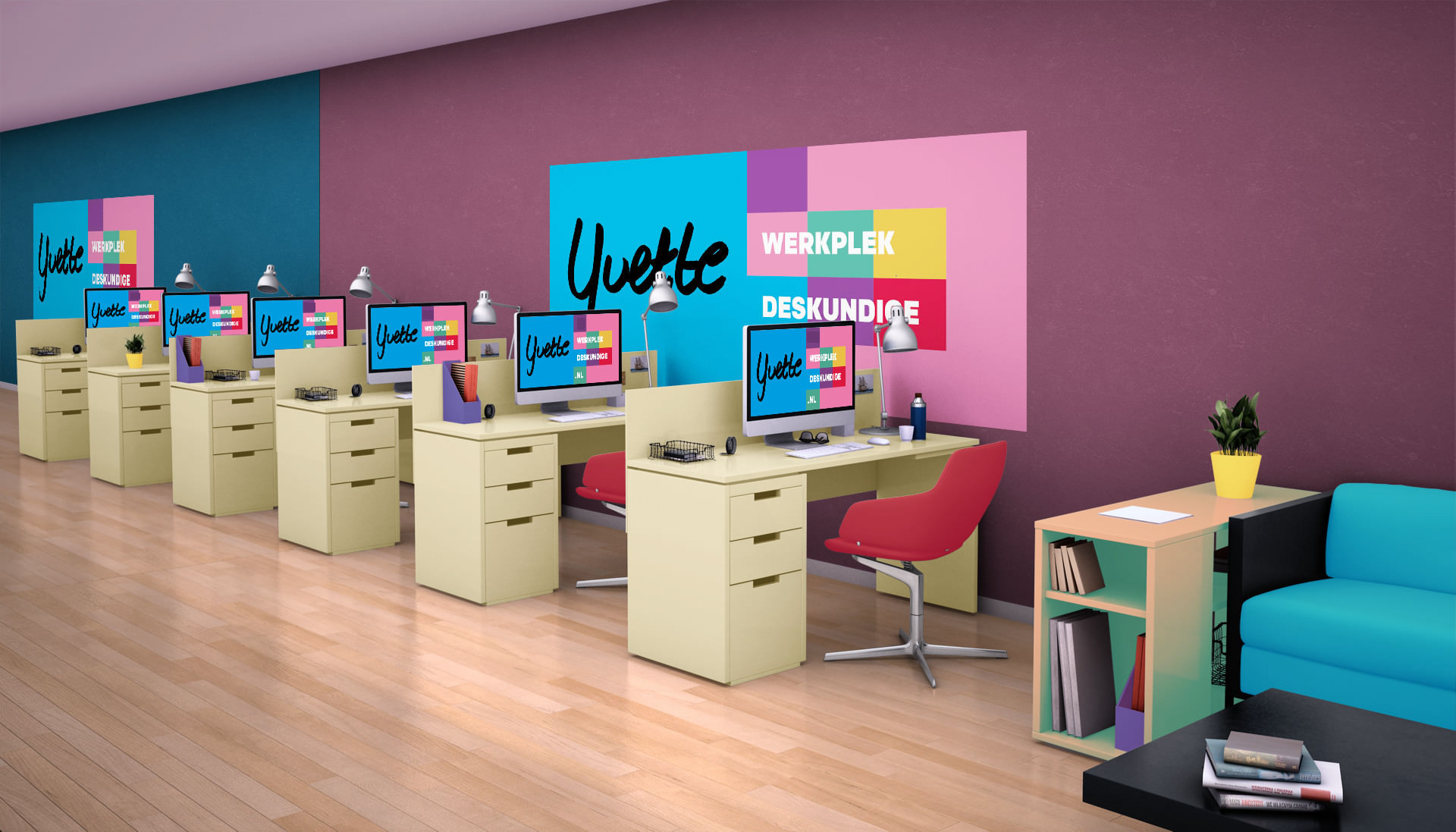 Beeldschermwerkplekken in de kleuren van Yvette Werkplekdeskundige